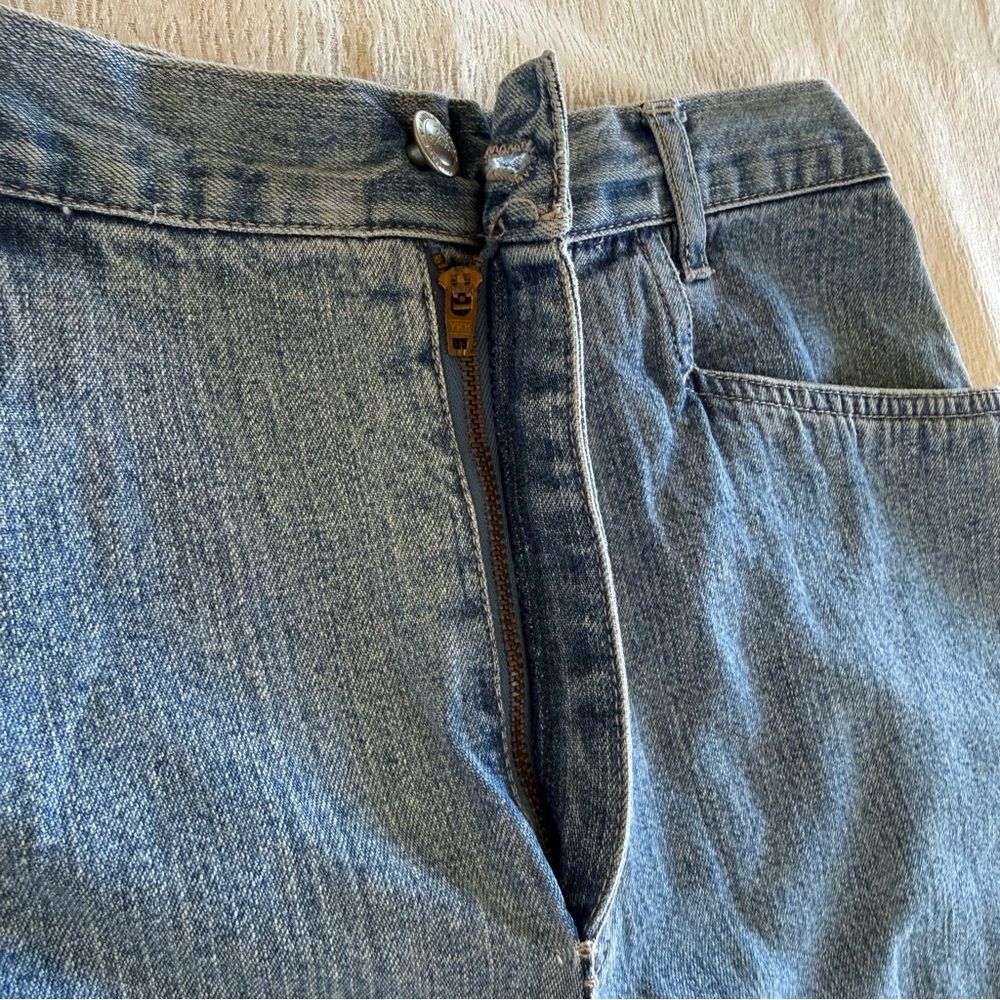 Denim Mini‎ Skirt Tribal Trim Frayed Hem Cotton Blue Size 9/10 - Picture 10 of 15